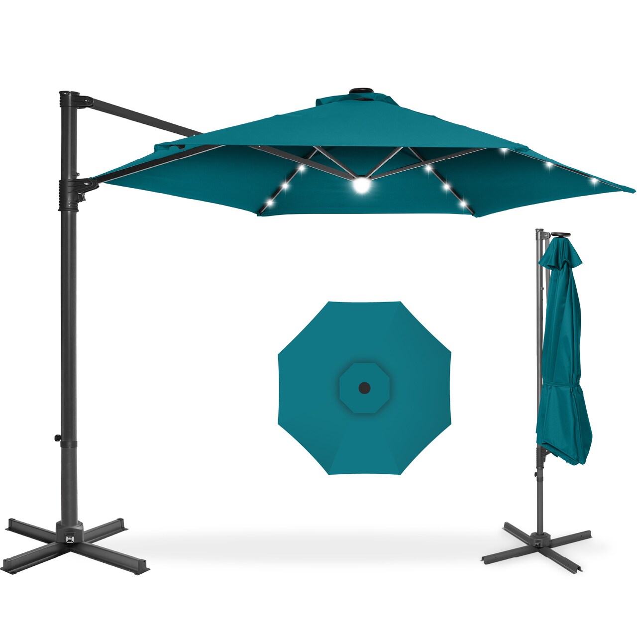 Best Choice Products 10ft 360° Rotating Cantilever Easy Auto Open Patio Umbrella w/ Solar LED Lights